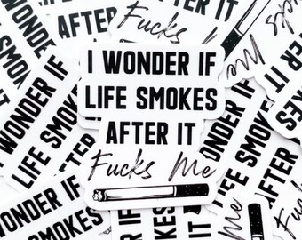 Funny "I Wonder If Life Smokes After It F*cks Me" Vinyl Dishwasher Safe WEATHER PROOF Sticker 1.77" X 2"