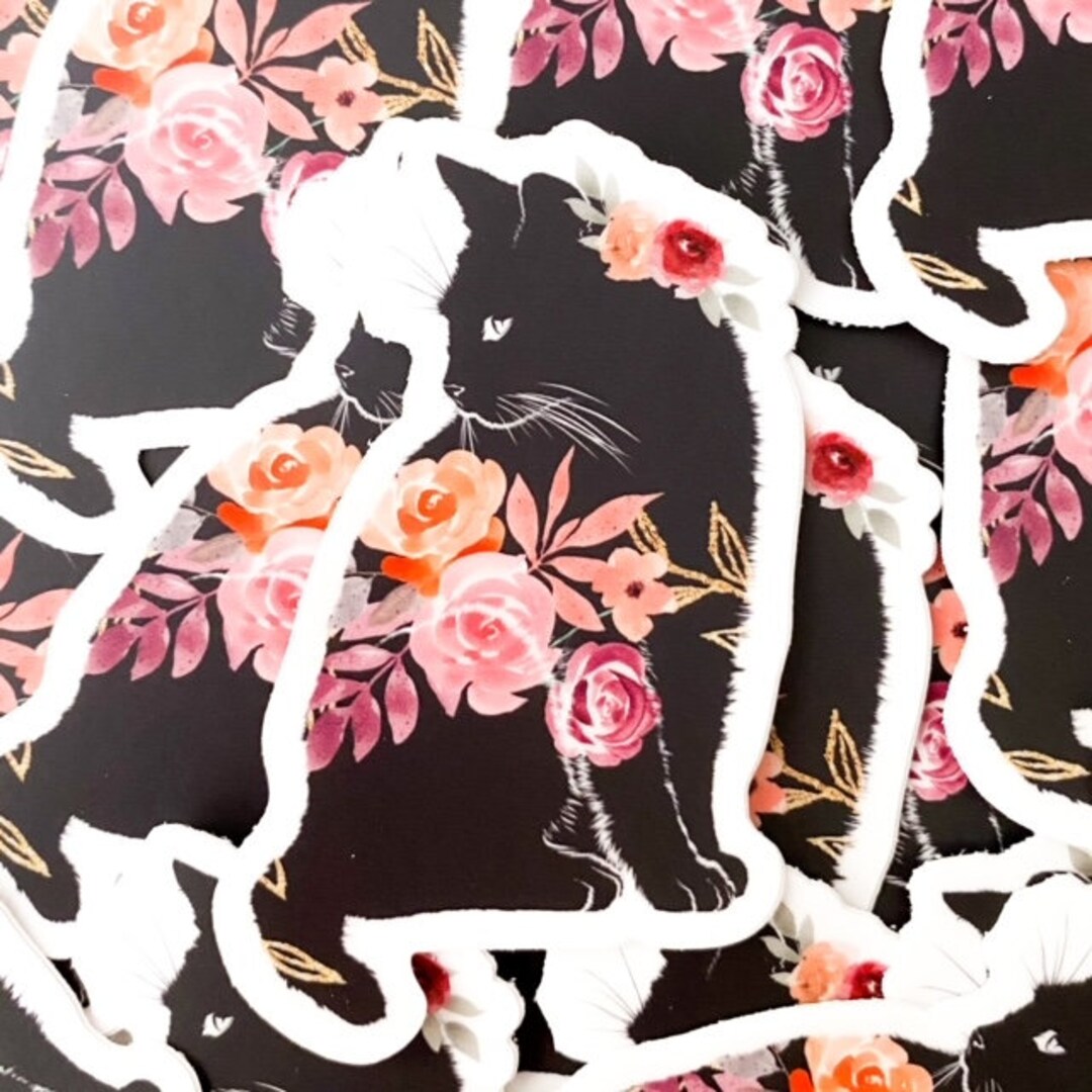 Vinyl Floral Black Cat Large Sticker WEATHER PROOF Dishwasher Safe 1.91 ...