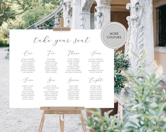 Puede incluir: Un plano de asientos blanco con texto negro, titulado "Take your seat". El plano está dividido en ocho secciones, cada una con un número y una lista de nombres. El plano está impreso en un fondo blanco y tiene un diseño simple y elegante.