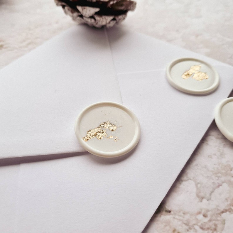 WHITE AND GOLD Foil Wax Seals self adhesive wax seals wedding wax seals foil wax seals pre made wax seals gold leaf wax seals image 2