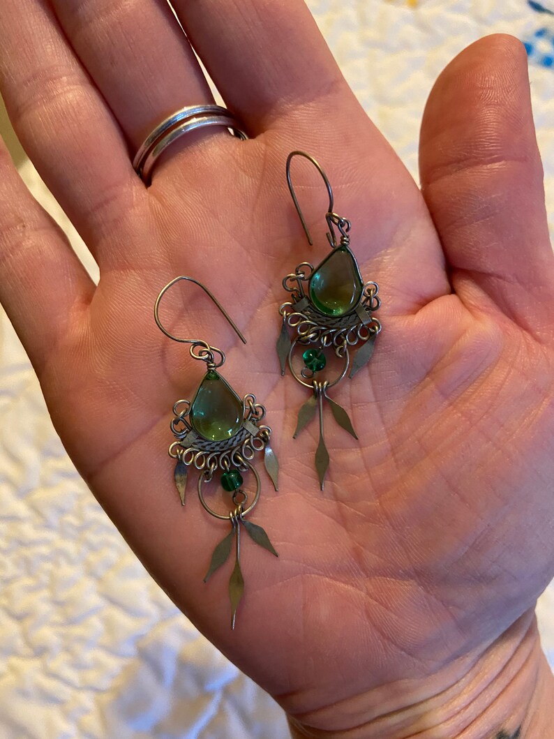 Vintage green glass dangle earrings