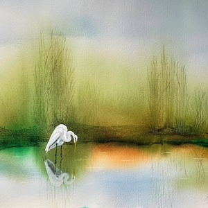 Heron and Tall Grass Original Watercolor