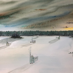 Original 18X24 Ice Fishing Watercolor on Paper