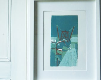 Moored - original reduction linocut print by Faith Ryder