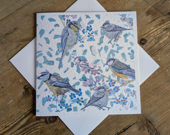 Mésanges bleues et myosotis - carte de voeux vierge