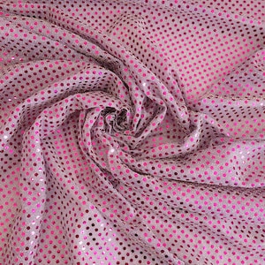 May include: Pink mesh fabric with a repeating pattern of small, shiny pink dots.