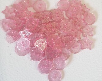 Multi Shape Glittery Pink Buttons made of quality resin 13mm - 14mm width  l Pink Star Buttons l Pink Heart Buttons l Pink Circle Buttons l