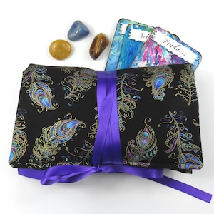 Pfauenfeder Tarot Wickel- und Lesetuch, Orakel Beutel, Kristallbeutel, Charms Beutel, Runenbeutel, Mala Perlenbeutel