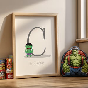 May include: A printable nursery art print featuring a cartoon illustration of the Hulk, a green superhero, standing in front of the letter C. The text "C is for Connor" is printed below the illustration.