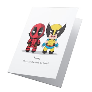 Cartão de aniversário de super-herói personalizado, cartão de aniversário de meninos, cartão de aniversário de meninas, cartão de super-herói, cartão personalizado, Deadpool e Wolverine