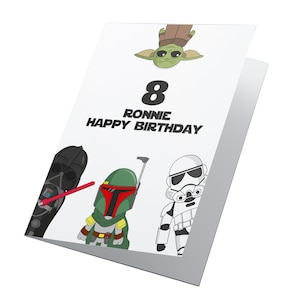 Gepersonaliseerde Star Wars-verjaardagskaart, Baby Yoda, Storm Trooper, Darth Vader, Boba Fett, gepersonaliseerde kaart, Star Wars-verjaardagskaart