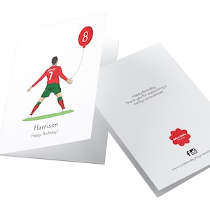 May include: A white card with a cartoon illustration of a soccer player holding a red balloon with the number 8 on it. The card says "Harrison Happy Birthday!" on the front and "Happy Birthday Thank you for supporting a family run business" on the back.