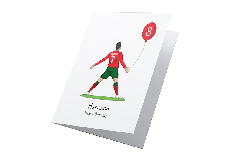 May include: A birthday card featuring a cartoon soccer player holding a red balloon with the number 8 on it. The card says "Harrison Happy Birthday!"