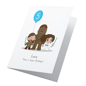 Star Wars personalisierte Geburtstagskarte, Chewbacca, Obe Wan Kenobi, Prinzessin Leia personalisierte Karte, Star Wars Geburtstagskarte