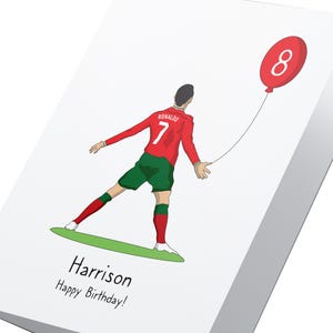 May include: A birthday card featuring a cartoon illustration of a soccer player wearing a red and green jersey with the number 7 and the name "RONALDO" on the back. The player is holding a red balloon with the number 8 on it. The card says "Harrison Happy Birthday!"