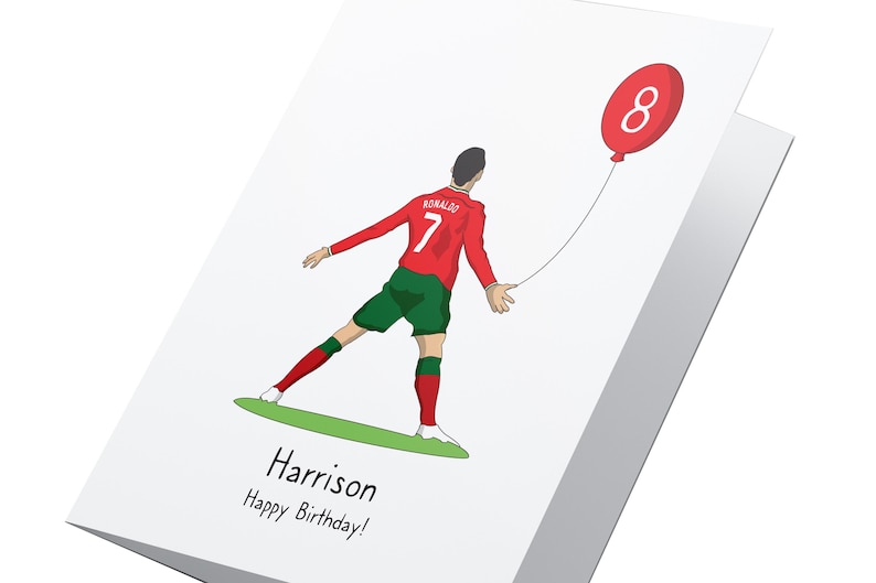 May include: A birthday card featuring a cartoon illustration of a soccer player wearing a red and green jersey with the number 7 and the name "RONALDO" on the back. The player is holding a red balloon with the number 8 on it. The card says "Harrison Happy Birthday!"