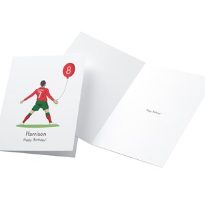May include: A birthday card featuring a cartoon illustration of a soccer player holding a red balloon with the number 8 on it. The card is personalized with the name Harrison and the text "Happy Birthday!"