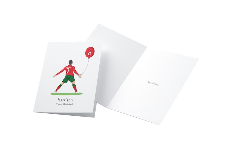 May include: A birthday card featuring a cartoon illustration of a soccer player holding a red balloon with the number 8 on it. The card is personalized with the name Harrison and the text "Happy Birthday!"