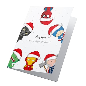 Cartão de Natal personalizado de super-heróis, Natal de super-heróis, Cartão de Natal infantil, Cartão de Natal da Marvel, Cartão dos Vingadores