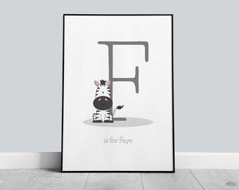 Zebra Initial Bedroom Print, Personalised Animal Print, Nursery Print, Bedroom Prints, Boys Room, Girls Room, Playroom Print