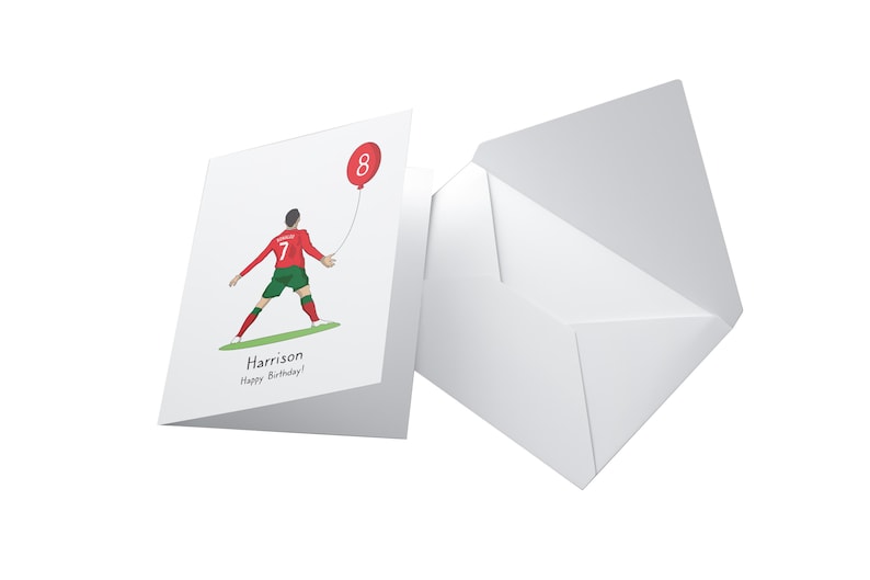 May include: A white card with a red and green illustration of a soccer player holding a red balloon with the number 8 on it. The text "Harrison Happy Birthday!" is printed on the card.