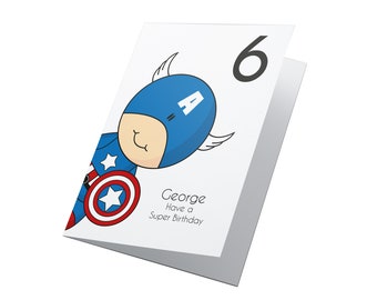 Personlig superhjältefödelsedag, pojkfödelsedag, flickfödelsedagskort, superhjältekort, Captain America-kort, personligt kort, kort till son