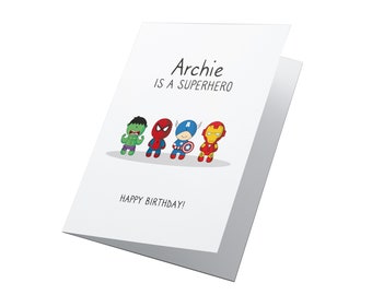 Cartão de aniversário personalizado de super-herói, cartão de aniversário para meninos, cartão de aniversário para meninas, cartão de super-herói, cartão personalizado, cartão para filho