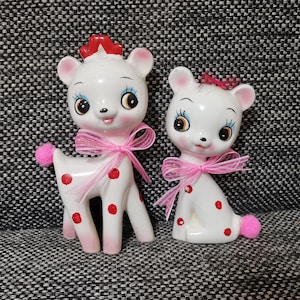 vintage japanese animal kawaii ceramic kitsch big eye lover deer white with red spots japan toys 5"