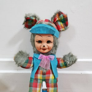 vintage stuffed animal rubber face twinkle eyes bear Colorful cloth body japan doll