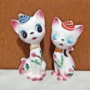 vintage schattig japans dier kawaii keramische kitsch big eye kitty kat met bloemen lange nek met een hoed japan figuren 8-9&quot;