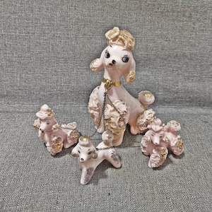 vintage ceramic kitsch big eye pink puppy poodle dog family japan 5&quot;