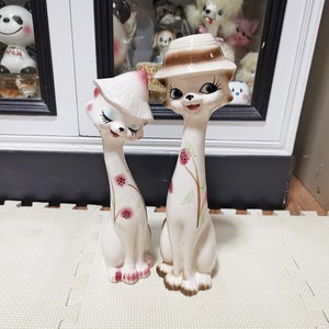 vintage japanese animal ceramic kitsch big eye white flower long neck kitty cat Figurines japan