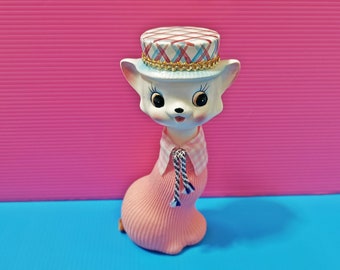 Figuras de juguetes japoneses vintage de gato rosa pastel, kawaii, de cerámica, kitsch, con ojos grandes y cuello largo.
