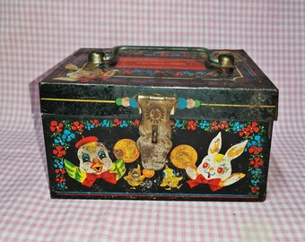 vintage kitsch bird and bunny black tin box japan
