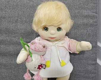 My Child Doll Platinum Blonde Blond Pink Lips Cheeks Blue Eyes Curly Seersucker Light Rainbow T Bars China Boy Vintage Mattel Canada Inc
