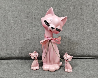 Figuras vintage japonesas de cerámica kawaii, estilo kitsch, de gato rosa de cuello largo, de 23 cm.