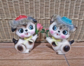 vintage japanese animal ceramic kitsch big eye kitty cat and puppy dog Figurines japan doll