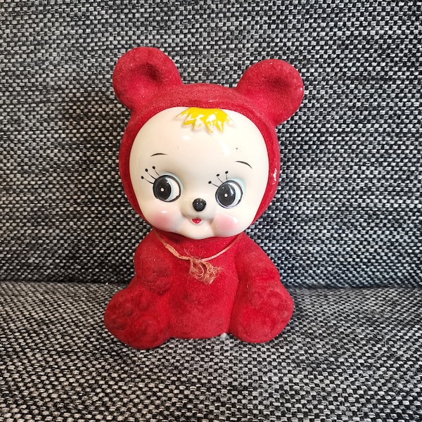 vintage cute ceramic kitsch big eye red bear  Ceramic covered with velvet fur Japan bank