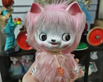 Vintage Cute Japanese Fur Pink Kitty Kitsch Ceramic Big Eye Cat
