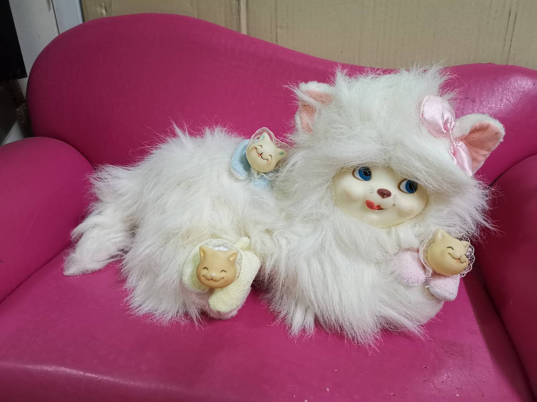 Vintage Rubber Face Stuffed Animal Fur Family White Kitty Cat Etsy
