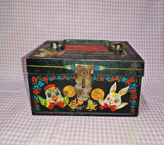 vintage kitsch bird and bunny black tin box japan