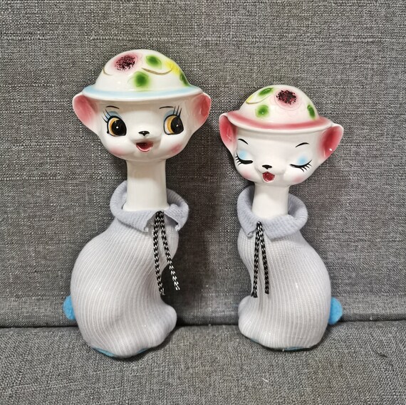 Vintage Ceramic Kitsch Big Eye Long Neck Kitty Cat Wearing a Dress
