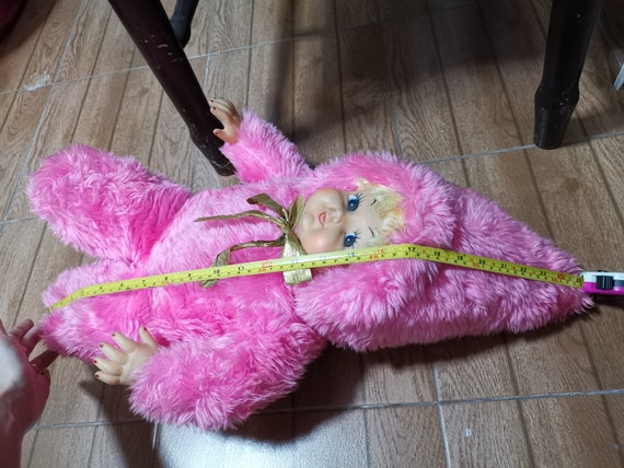 Vintage Kawaii Showa Rubber Face Stuffed Big Pink Baby Doll Japan