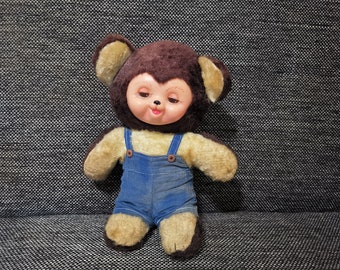 Oso de peluche japonés vintage de goma, cara grande, ojos grandes, muñeca marrón de 11 pulgadas