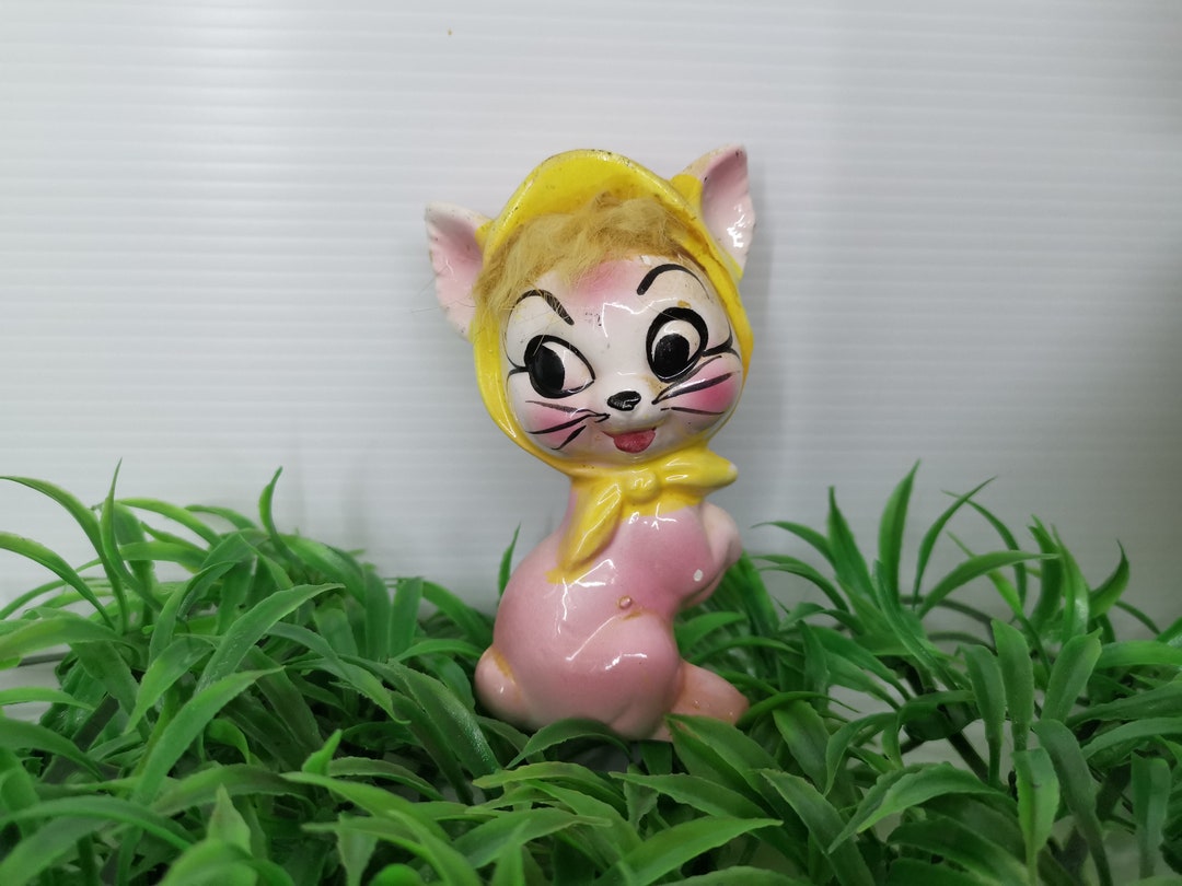 Japanese Plastic Rabbit Vintage Japanese Kawaii Animal Kitsch Big Eye Pink Rabbit Yellow Turban ...