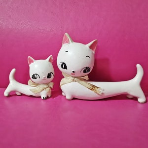 vintage japanese animal cat ceramic kitsch white big eye long body kitty cat lover Figurines japan