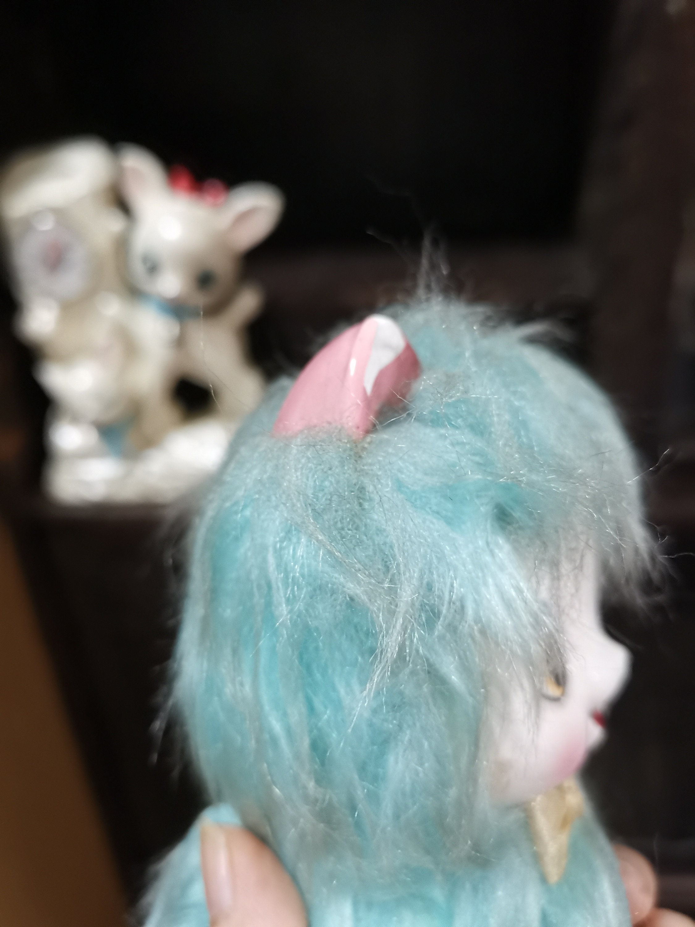 RARE Vintage Aurora White Cat blue eyes pink bow 7