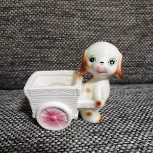 vintage japanese animal little puppy kawaii ceramic kitsch cart pulling dog vase japan