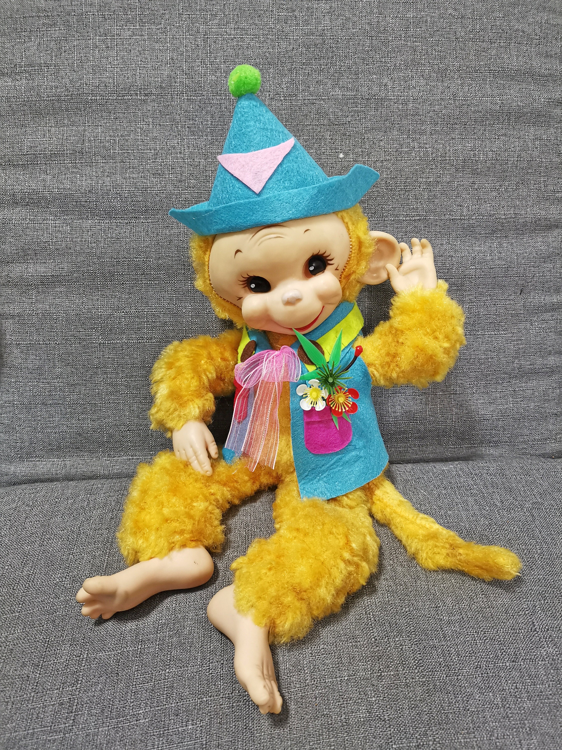 Vintage Animal Stuffed Rubber Face Rushton Yellow Monkey