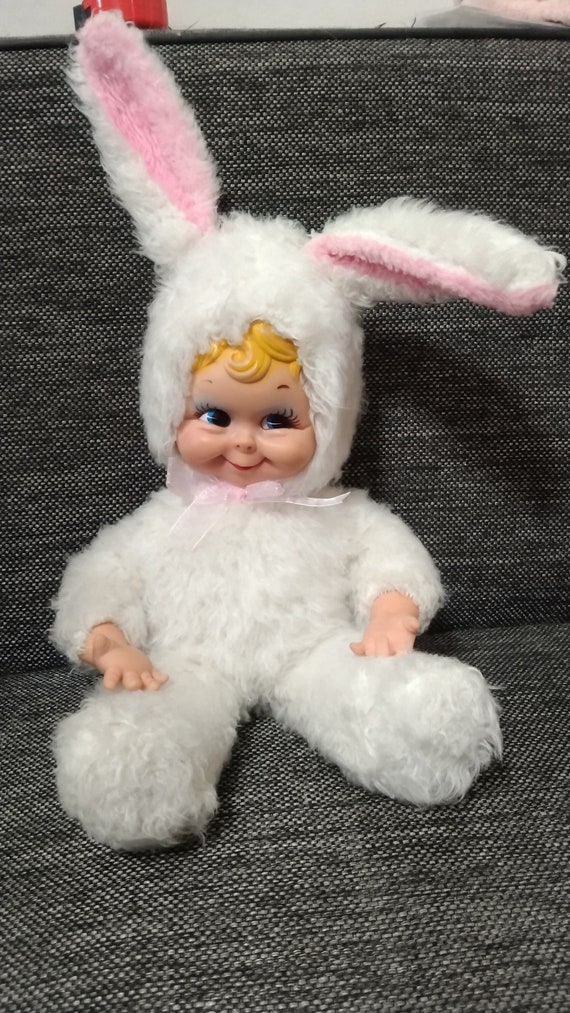 Vintage Stuffed Rubber Face Fur White Bunny Baby Rushton Doll